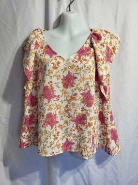 Rose & Olive Cream Floral V-Neck Flutter Sleeve Blouse, Size Medium